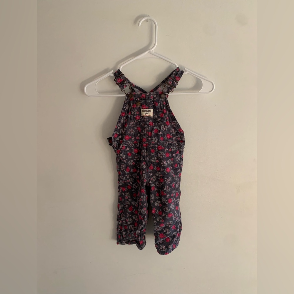 Vintage OshKosh B'gosh Kids Overalls - Grey and Pink Floral 90s Corduroy 12 mon